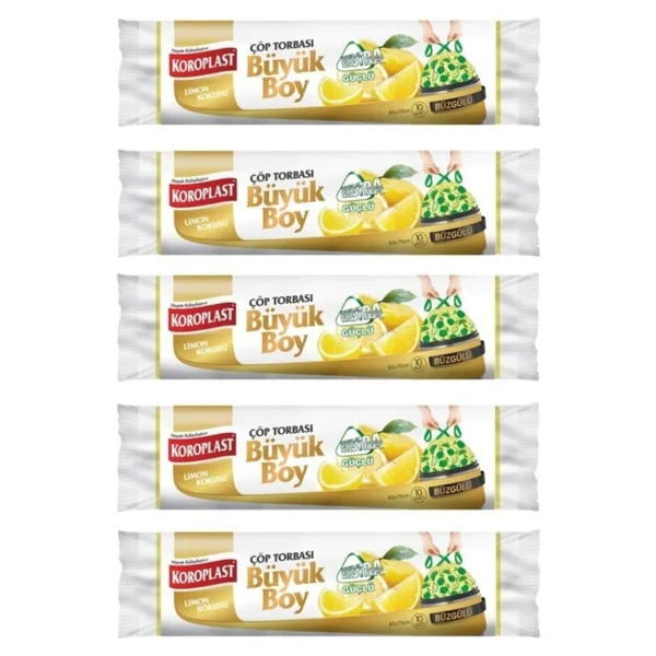 Koroplast Ekstra Güçlü Limon Kokulu Büzgülü Büyük Boy Çöp Poşeti 10'lu 5 Adet