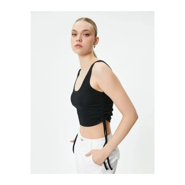 Koton Crop Atlet Yanları Büzgülü Ribanalı U Yaka - Siyah - XL