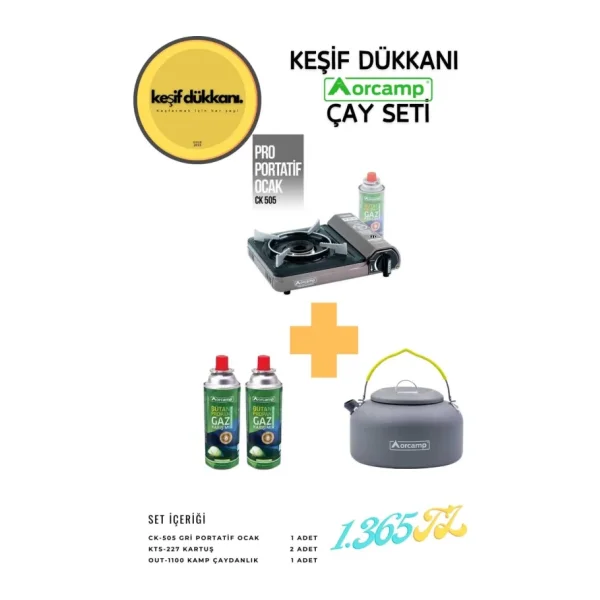 Orcamp Keşif Dükkanı Orcamp Çay Seti - Portatif Kamp Ocak + Çaydanlık + Yedek Kartuş - Gri
