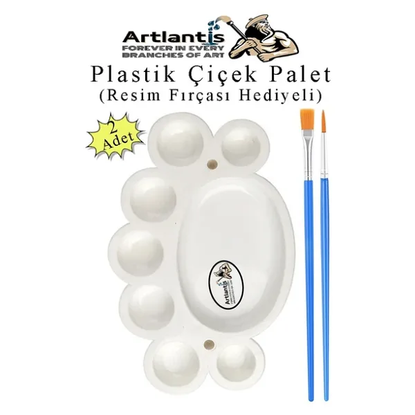 Plastik Çiçek Palet 2 Adet Çiçek Boya Paleti 8 Hazneli 17 Cm Resim Boyama Paleti Fırça Hediyeli Sanatsal Hobi