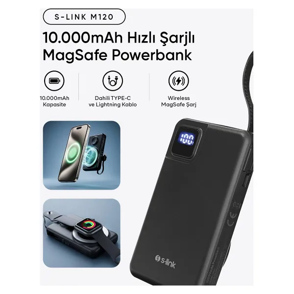 S-link M120 Siyah 10000 mAh Kablosuz Powerbank