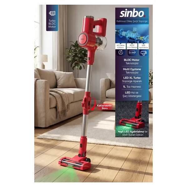 Sinbo SVC-8642 Kırmızı Şarjlı Dikey Süpürge