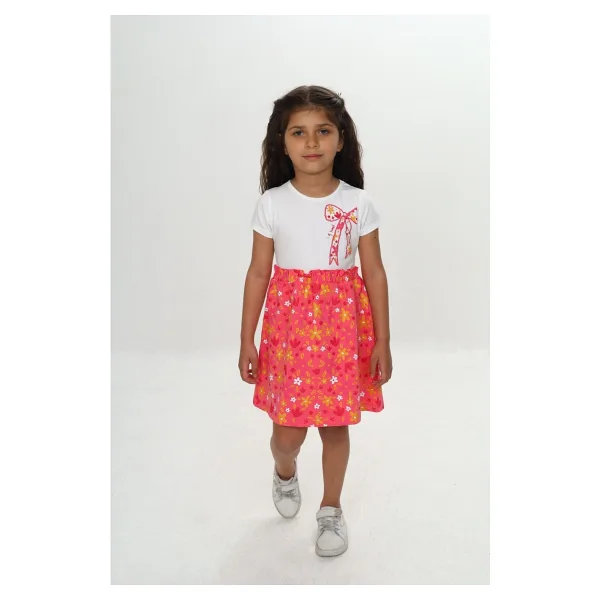 Toontoy Kız Çocuk Renkli Çiçek Baskılı Elbise - Açık Pembe - 5 Yaş