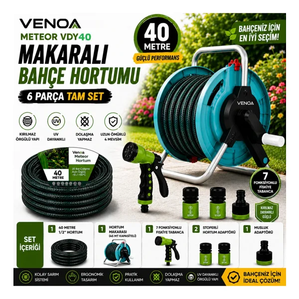 Venoa Meteor VDY40 Kırılmaz Örgülü Makaralı Bahçe Su Hortumu 40 Metre 6 Parça Set