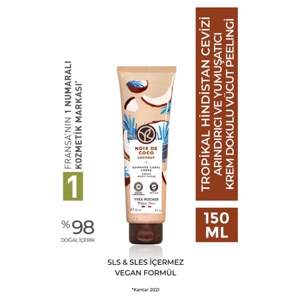 Yves Rocher Krem Dokulu Vücut Peelingi-Arındırıcı Yumuşatıcı Tropikal Hindistan Cevizi-SLS,SLES İçermez,Vegan-150ml