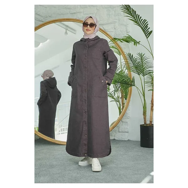 6329-DENIM Kapşonlu Kap Bordo - 38