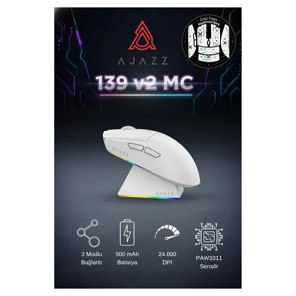 Ajazz Aj139 V2 MC Beyaz Şarjlı Optik Kablolu/Kablosuz Oyuncu Mouse