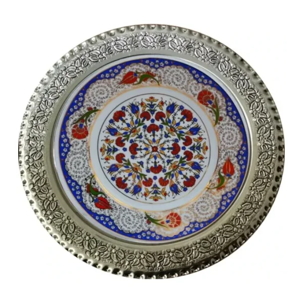 Armada Çini Armada Cini Prt 41 25 Cm Mavi Altın Yaldızlı Lale Karanfil Gümüş Çerçeveli Porselen Cini Tabak