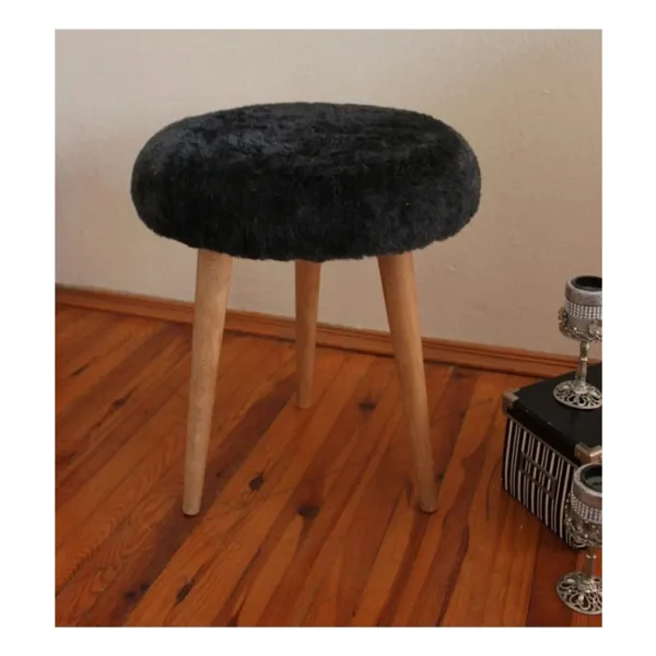 Beylerbeyi Gürgen Ahşap Retro Ayak Dekoratif Peluş Puf Tabure Bench Koltuk Sandalye - Siyah