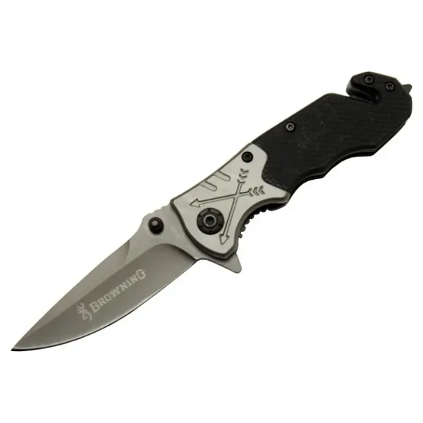 Browning 8-10 Siyah Kurtarma / Kamp Çakı 16,5cm - Yarı Otomatik, Kemerlikli, Cam Kırma ve İp Kesme Aparatlı, Ok Figürlü Sap