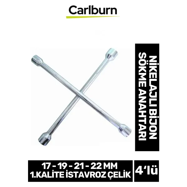 Carlburn Garantili İstavroz Çelik Dört Kol Sabit 17 19 21 22mm 1.Kalite 4'lü Nikelajlı Bijon Sökme Anahtarı