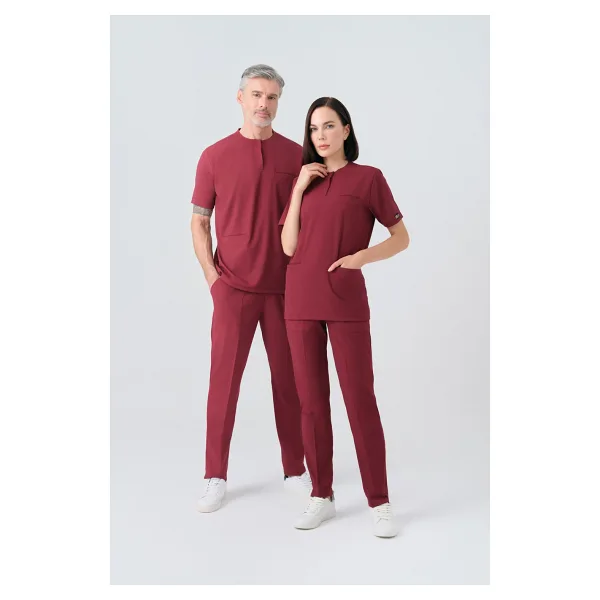 Çizgi Medikal Beyaz Cool Best Likra Scrubs Takım Çift Yönlü Esnek Kumaş Doktor Hemşire Üniforması - Bordo - 2XS