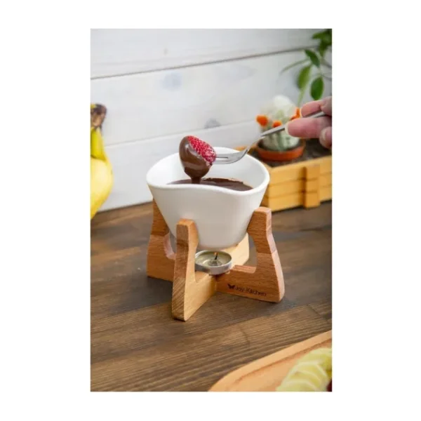 Joy Kitchen Ahşap Fondü Seti Renkli Seramik Kaseli Ahşap Standlı Fondü Seti