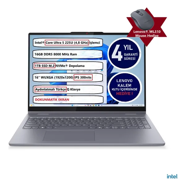 Lenovo IdeaPad 5 16IAL10 83KS0005TR Ultra 5 225U 16 GB 1 TB SSD Intel Graphics 16" WUXGA İkisi Bir Arada Notebook