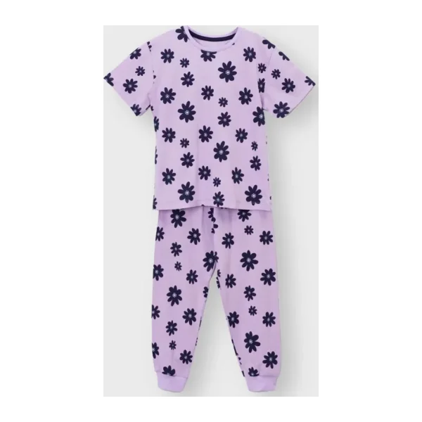 Mor Papatya Desenli Kısa Kollu Kız Çocuk Pijama Takımı