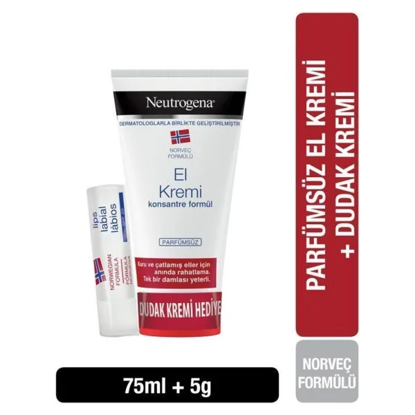Neutrogena Konsantre Formüllü Parfümsüz El Kremi 75 ml + Dudak Nemlendirici