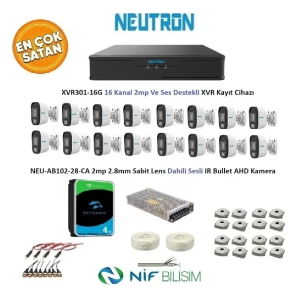 Neutron 2mp 16 kameralı Sesli Dış ortam AHD Full Kamera Seti 4TB Disk XVR301-16G NEU-AB102-28-CA