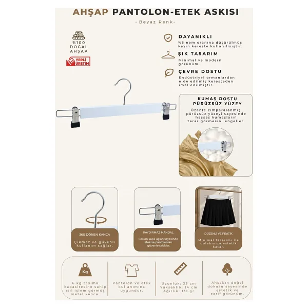Nyn Ahşap Askı Mandallı Pantolon Etek Askısı Beyaz Renk 8 Adet