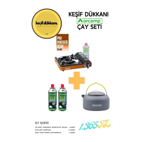 Orcamp Keşif Dükkanı Orcamp Çay Seti - Portatif Kamp Ocak + Çaydanlık + Yedek Kartuş - Turuncu