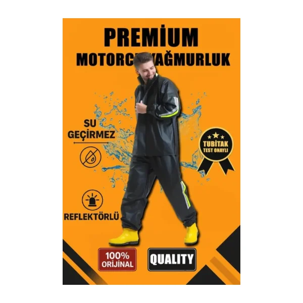 Premium Motorcu Kurye Yağmurluk Takım Su Geçirmez PVC Kumaş Reflektörlü TÜBİTAK Onaylı - Siyah