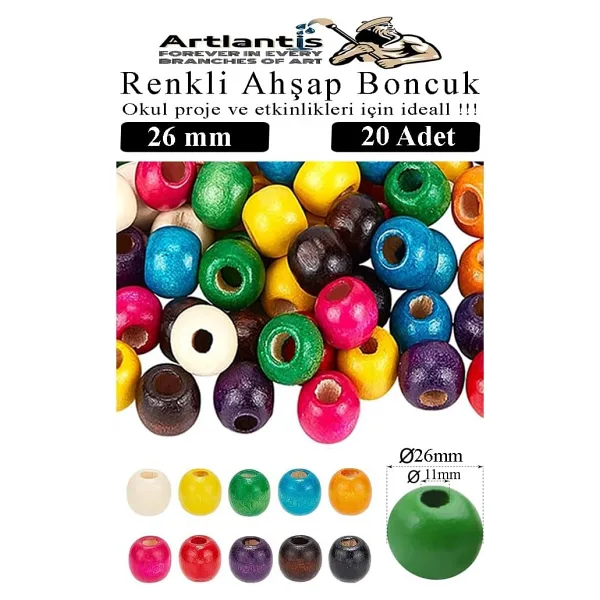 Renkli Ahşap Boncuk 26mm 20 li 1 Paket Renkli Ahşap Boyalı Yuvarlak Doğal Boncuklar Saç Takı Tasarım Ektinlik Kreş Okul