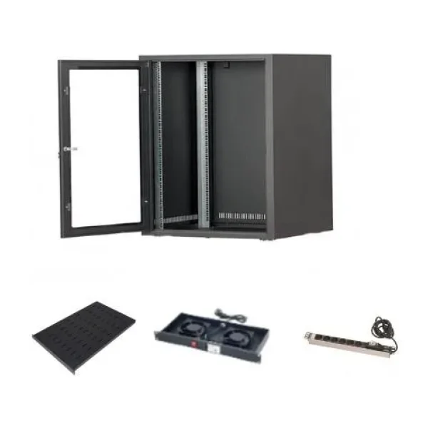 SETRACK 19'' 9U 600X600 DUVAR TİPİ RACK KABİNET+SABİT RAF+2Lİ FAN MODÜLÜ+6LI GRUP PRİZ