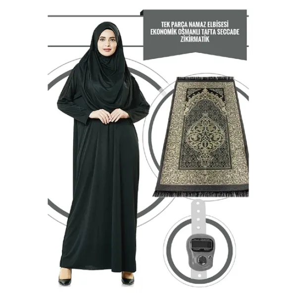Tek Parça Namaz Elbisesi - Siyah - 5015 ve Seccade ve Zikirmatik - Üçlü Takım