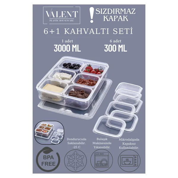 VALENT 7 Parça Kahvaltılık 6artı1 Sızdırmaz Saklama Kabı 3000ml x1 300ml x6 - Şeffaf Buzdolabı Düzenleyici