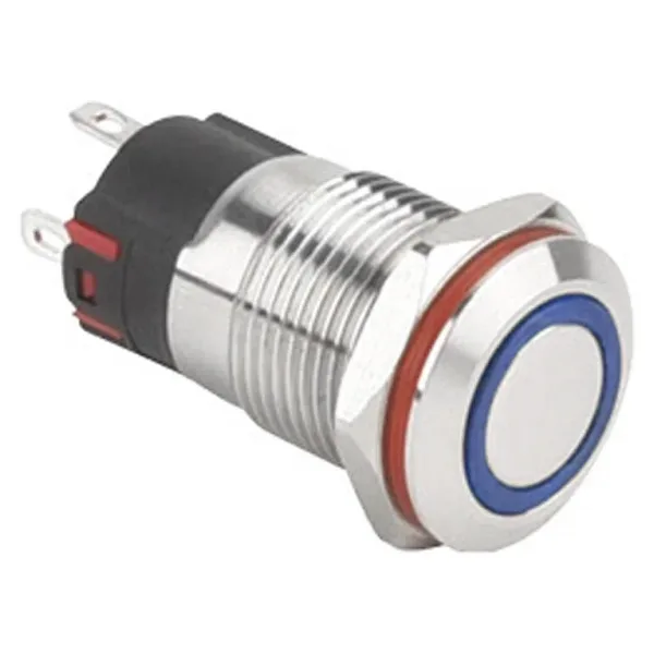 WD12A-P1-E 12mm Düz Yaylı Işıklı Metal Buton - Mavi