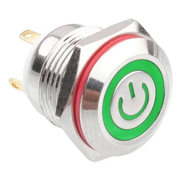 WD16H-P1-EC 16mm Düz Yaylı Işıklı Power Metal Buton - Yeşil