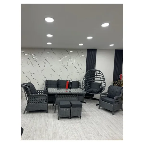 7 Kişilik Rattan Bahçe Balkon Teras Oturma Grubu Antrasit Minderli (3+1+1) 80X140 Cm Masa, 2 Adet Puf Ve Tek Kişilik Rattan Salıncak Seti - Antrasit Gri