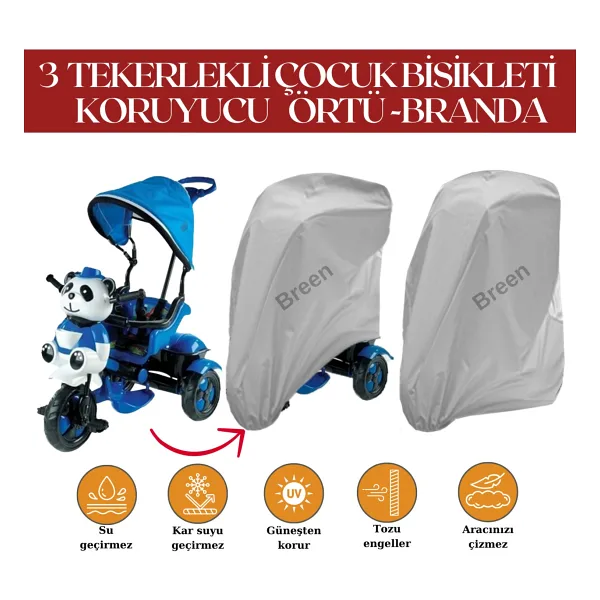 Breen Çocuk Bisiklet Gri Branda, 3 Tekerli Bisiklet Örtüsü, Su Geçirmez, Güneşten Korur