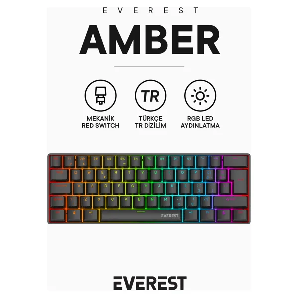Everest Amber RGB TKL Siyah Red Switch Kablolu Mekanik Oyuncu Klavyesi