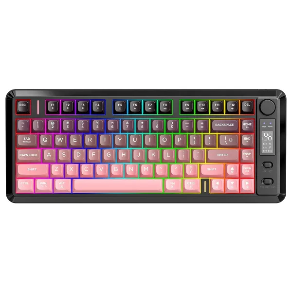 Freewolf M75 Kablosuz 2.4ghz Kablosuz + Bt Çift Modlu Klavye LED Ekranlı Oyun Klavyesi ile Pbt Knob Rainbow