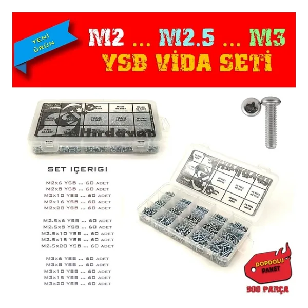 M2 M2.5 M3 YSB Vida Seti, 900 Parça, Dopdolu Paket