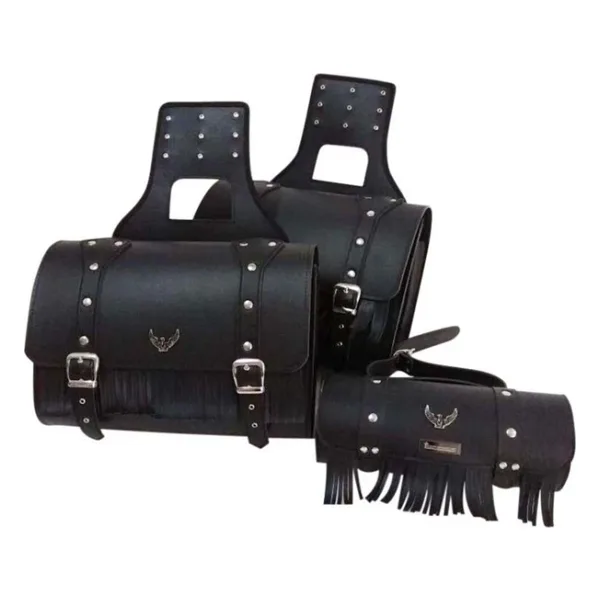 MOTOANL Motosiklet Deri Yan Ve Sosis Çanta 3'lü Set Takım Chopper Siyah Model Motor Çantası