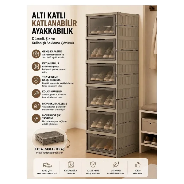 Myplas Çok Amaçlı 6 Katlı Katlanabilir Taşınabilir Premium Portatif Organizer Ayakkabılık - Kahverengi
