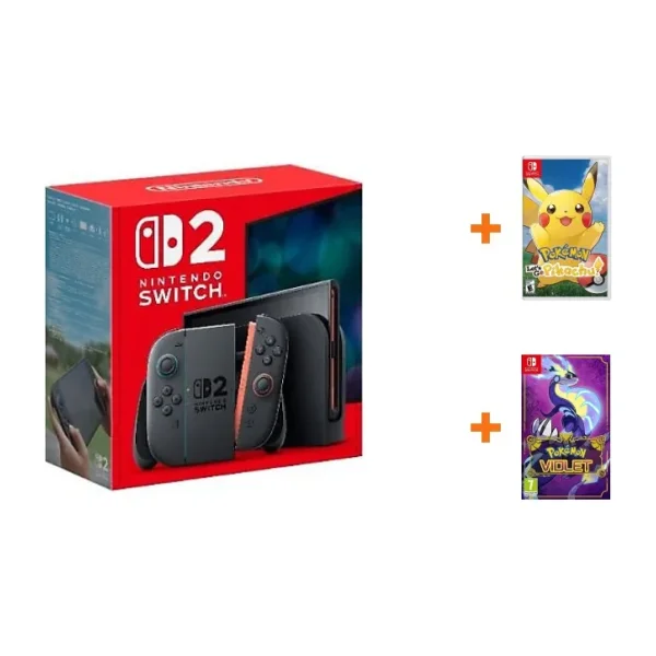 Nintendo Switch 2 Oyun Konsolu + Nintendo Switch Pokemon Lets Go Pikachu Oyun + Nintendo Switch Pokemon Violet Oyun