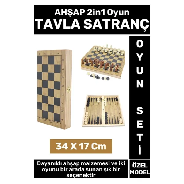 Premium Yüksek Kaliteli Arkadaş Oyun Hediyelik Çok Şık Ahşap Tavla Satranç 2in1 Oyun Seti 34 X 17 Cm