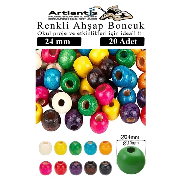 Renkli Ahşap Boncuk 24mm 20 li 1 Paket Renkli Ahşap Boyalı Yuvarlak Doğal Boncuklar Saç Takı Tasarım Ektinlik Kreş Okul