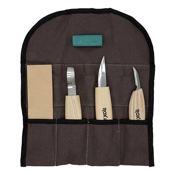 Rox Wood 5 Parça Bez Çantalı Ahşap Kaşık Kuksa Oyma Bıçağı Seti