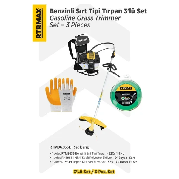 RTRMAX RTM9636SET Benzinli Sırt Tipi Tırpan 3'lü Set -Eldiven-Tırpan Misinası
