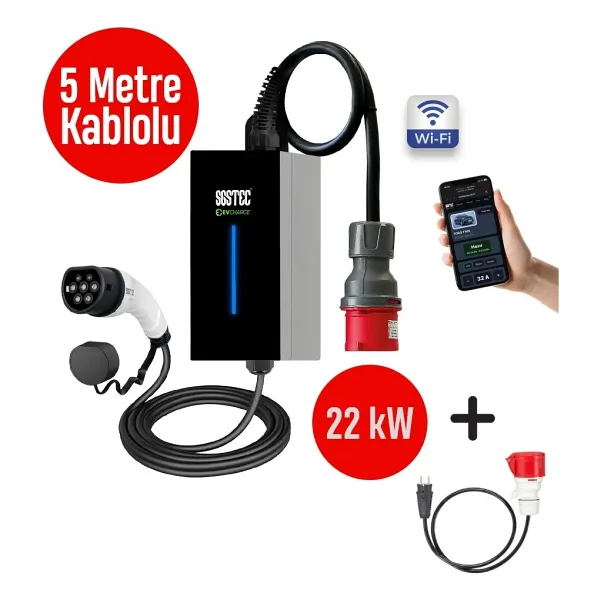 Sgstec Home 22 kW 5 m Kablolu Taşınabilir Elektrikli Araç Şarj İstasyonu