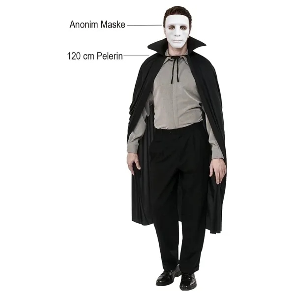 Siyah Renk Yakalı 120 Cm Pelerin Beyaz Anonim Maske