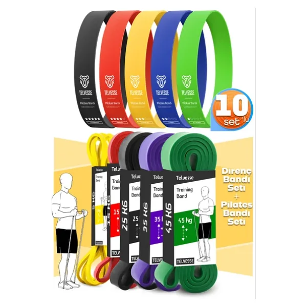 Telvesse 10lu TERA SET 5+15+25+35+45 KG + 5Li Pilates Direnç Bandı Barfiks Lastiği Loop Band Pembe Ton