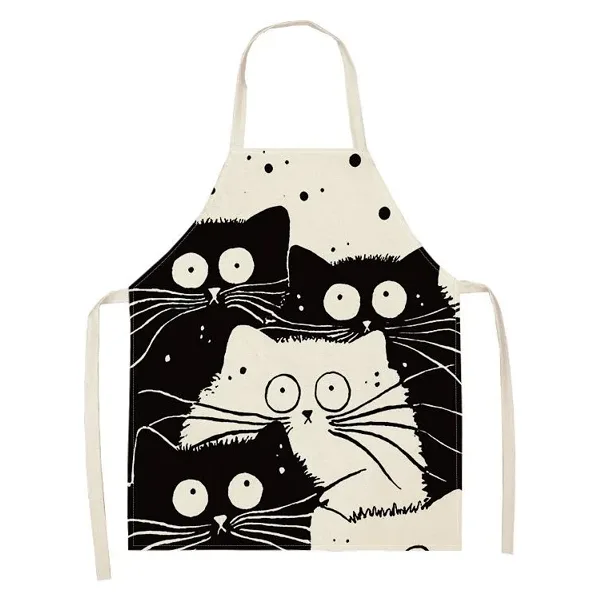 Valkyrie Siyah Beyaz Kedi Desenli Mutfak Önlüğü Cepli Unisex Mutfak Pişirme Temizlik Servis Önlüğü