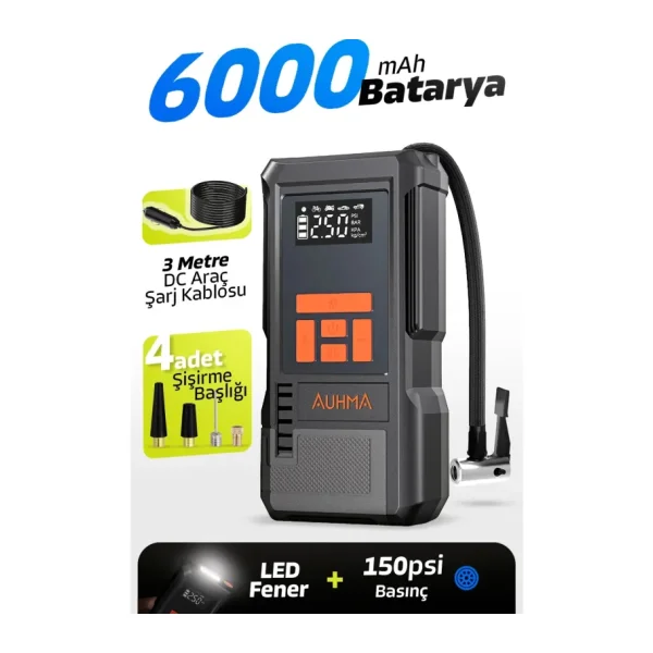 Xiaomi Mi Taşınabilir Şarjlı Kompresör - Dijital Basınç Göstergesi, LED Işık, 2000mAh, Araç ve Bisiklet Kullanımı
