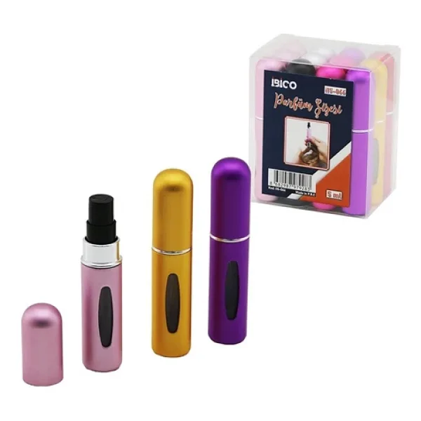 12 ADET MİNİ=CEP - ÇANTA BOY BOŞ SPREY PARFÜM ŞİŞESİ 5ML RENKLİ PLS. SEVİYE PENCERELİ (5047)