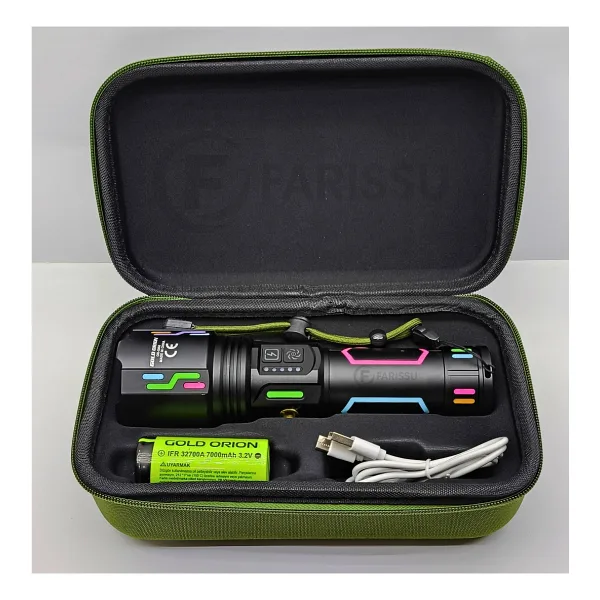 212 Farissu OR-G650 Ultra Güçlü Şarjlı El Feneri 2 Km Menzil, Powerbank Özellikli, Zoomlu ve Özel Çantalı (200 Watt) - 1 adet - Siyah