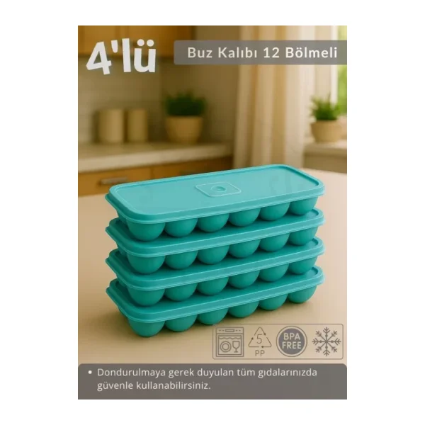 4'lü Set Buz Kalıbı 12 Bölmeli Esnek Silikon Buz Küpü BPA FREE Kare Bas Parmak Buzluk Çapı 3,5 cm Mavi